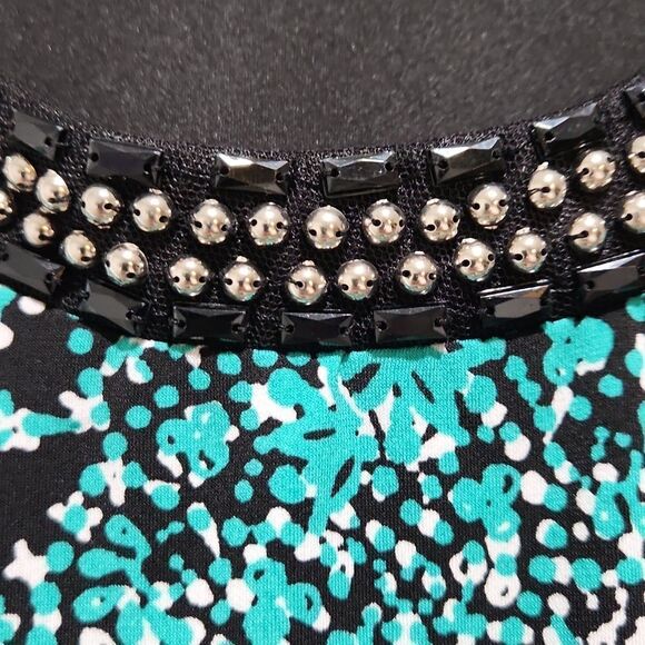 JM Collection women's large black with green floral print sleeveless dress - Picture 3 of 6